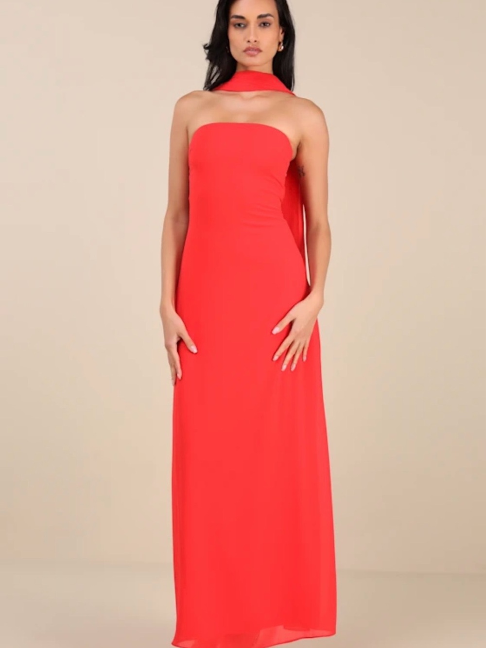 Lulu's Rawya Strapless Red Orange Maxi Dress with Neck Scarf